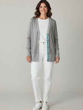 Denim & Co. Gray / White sweater with turquoise trim Sz M - SO cute!!!